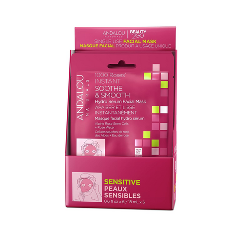 WHOLESALE ANDALOU NATURALS 1000 ROSES INSTANT SOOTHE & SMOOTHE HYDRO SERUM FACIAL MASK (PACK OF 6) - 72 PIECE LOT