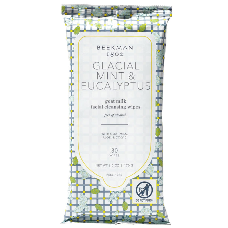 WHOLESALE BEEKMAN 1802 GLACIAL MINT & EUCALYPTUS GOAT MILK FACIAL CLEANSING WIPES - 30 COUNT - 48 PIECE LOT