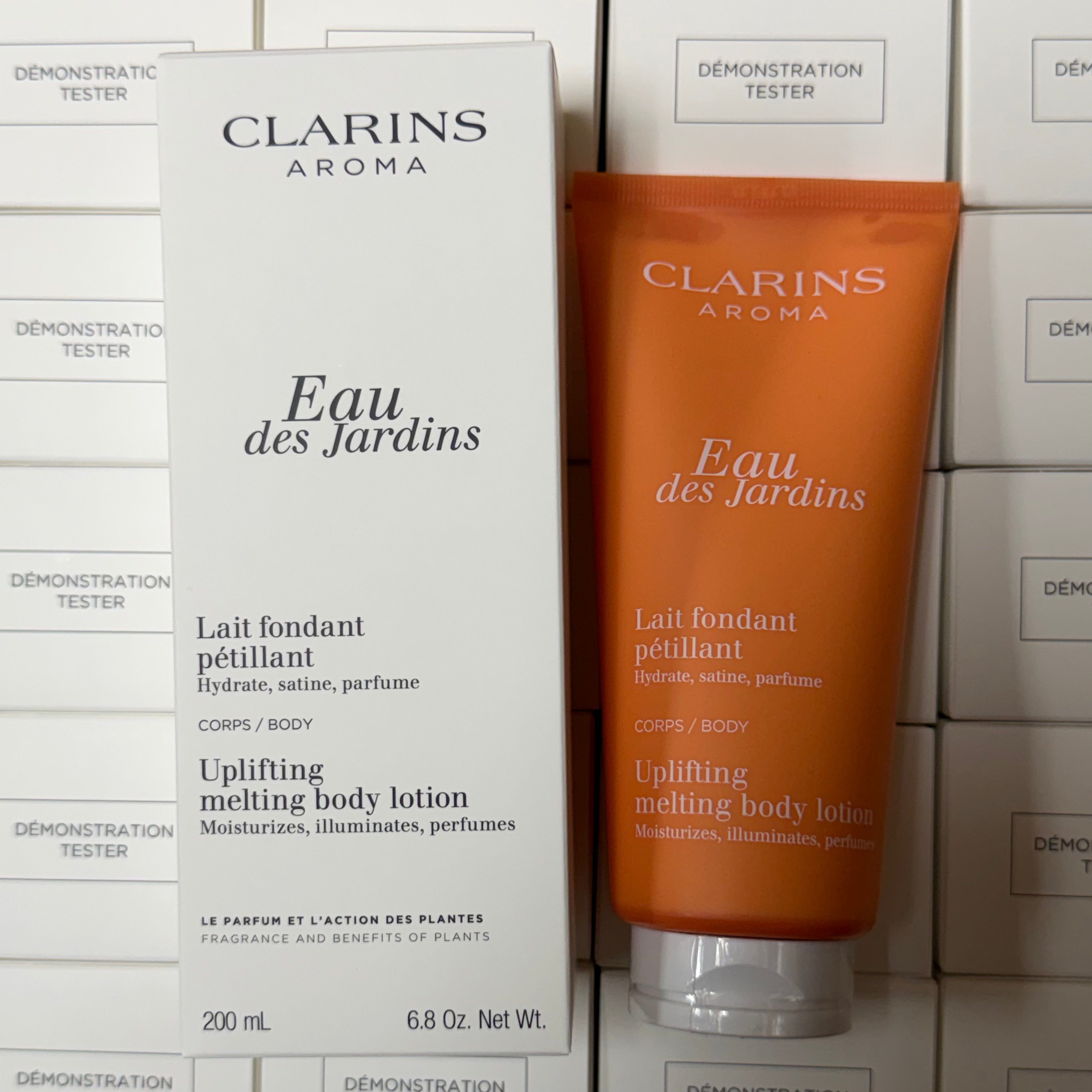 WHOLESALE CLARINS EAU DES JARDINS UPLIFTING MELTING BODY LOTION TESTER BOX 6.8 OZ - 50 PIECE LOT