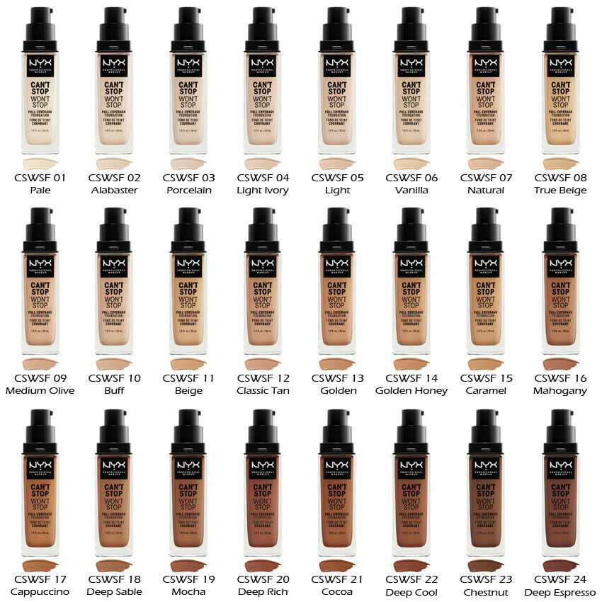WHOLESALE NYX CAN'T STOP WON'T STOP FULL COVERAGE FOUNDATION 1 OZ - ASSORTED LIGHT TO MEDIUM SHADES - 100 PIECE LOT