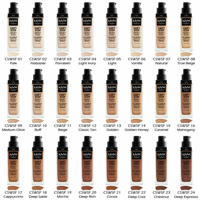 WHOLESALE NYX CAN'T STOP WON'T STOP FULL COVERAGE FOUNDATION 1 OZ - ASSORTED MEDIUM TO DARK SHADES - 100 PIECE LOT