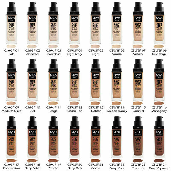 WHOLESALE NYX CAN'T STOP WON'T STOP FULL COVERAGE FOUNDATION 1 OZ - ASSORTED LIGHT TO MEDIUM SHADES - 100 PIECE LOT