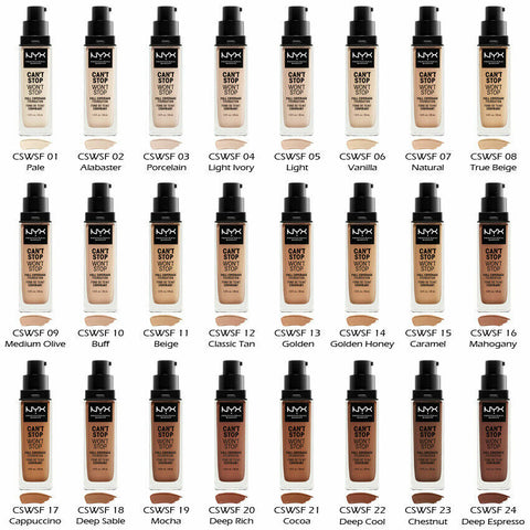 WHOLESALE NYX CAN'T STOP WON'T STOP FULL COVERAGE FOUNDATION 1 OZ - ASSORTED MEDIUM TO DARK SHADES - 100 PIECE LOT